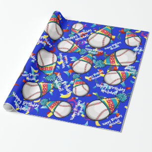 Baseball In a Party Hat Customized Birthday Wrapping Paper