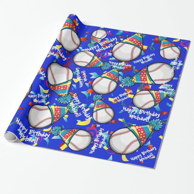 Baseball In a Party Hat | Customized Birthday Wrapping Paper (Unrolled)