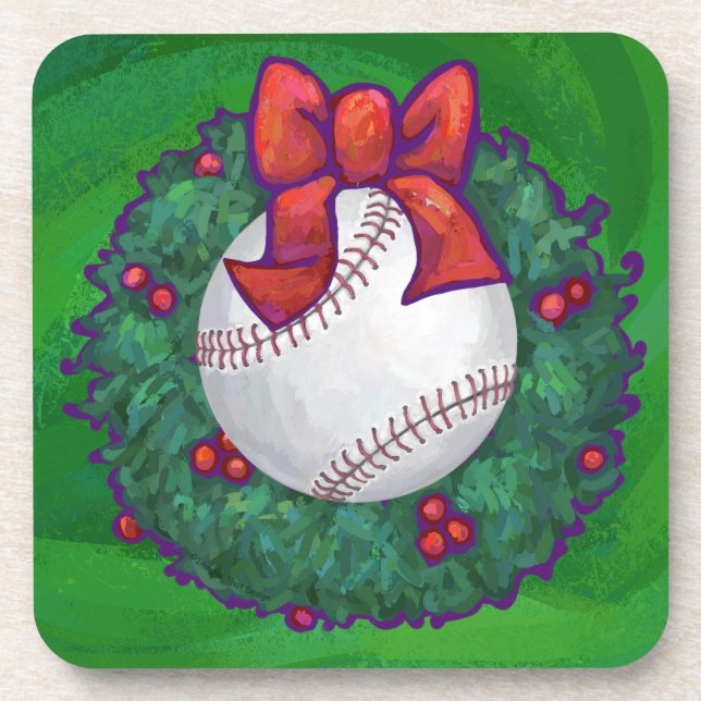 Baseball in Christmas Wreath Beverage Coaster (Front)