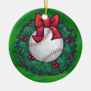 Baseball in Christmas Wreath Ceramic Ornament