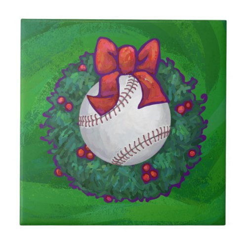 Baseball in Christmas Wreath Ceramic Tile