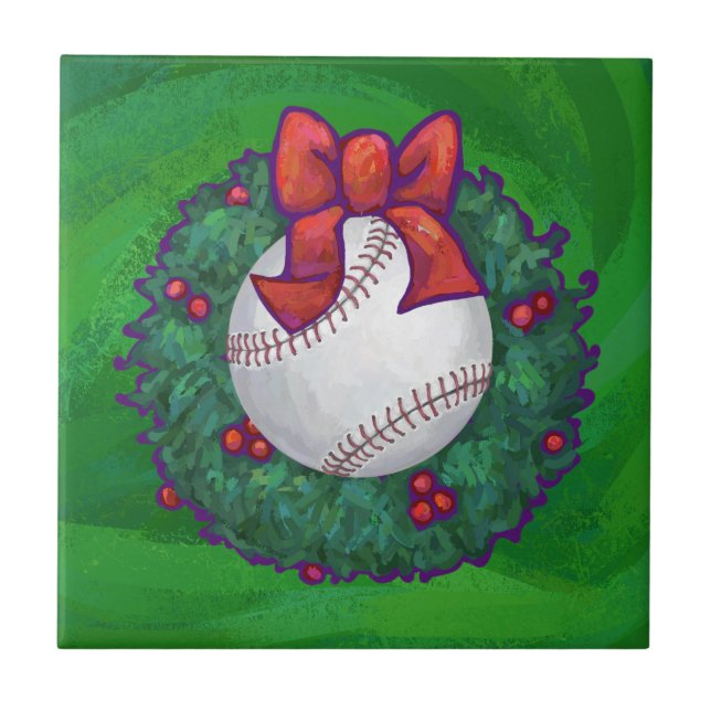 Baseball in Christmas Wreath Ceramic Tile (Front)