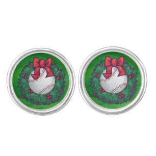 Baseball in Christmas Wreath Cufflinks