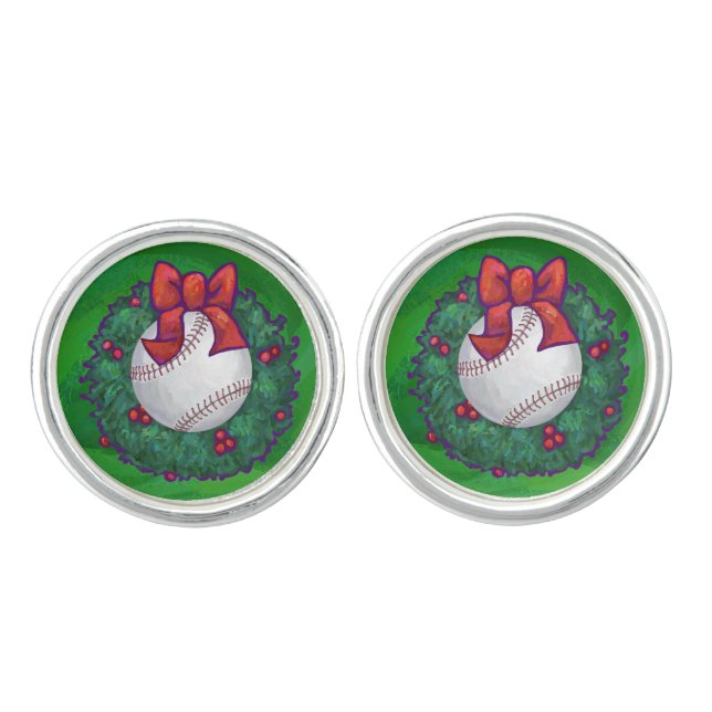 Baseball in Christmas Wreath Cufflinks (Front)