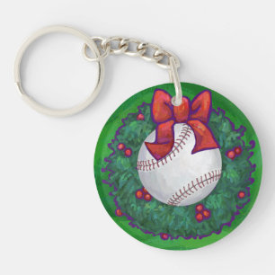 Baseball in Christmas Wreath Keychain