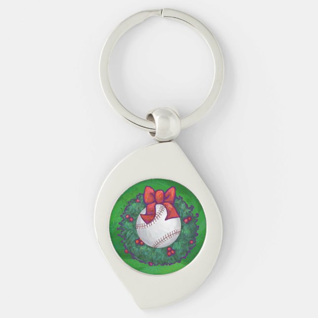 Baseball in Christmas Wreath Keychain (Front)