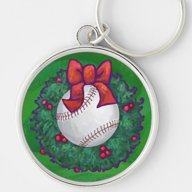 Baseball in Christmas Wreath Keychain (Front)