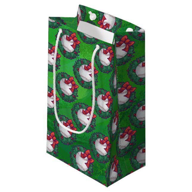 Baseball in Christmas Wreath Pattern Small Gift Bag (Front Angled)