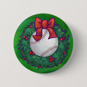 Baseball in Christmas Wreath Pinback Button