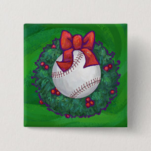 Baseball in Christmas Wreath Pinback Button