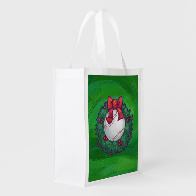 Baseball in Christmas Wreath Reusable Grocery Bag (Back Side)