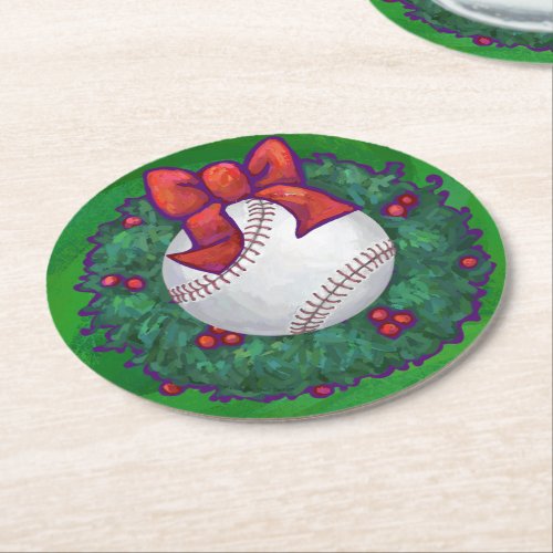 Baseball in Christmas Wreath Round Paper Coaster