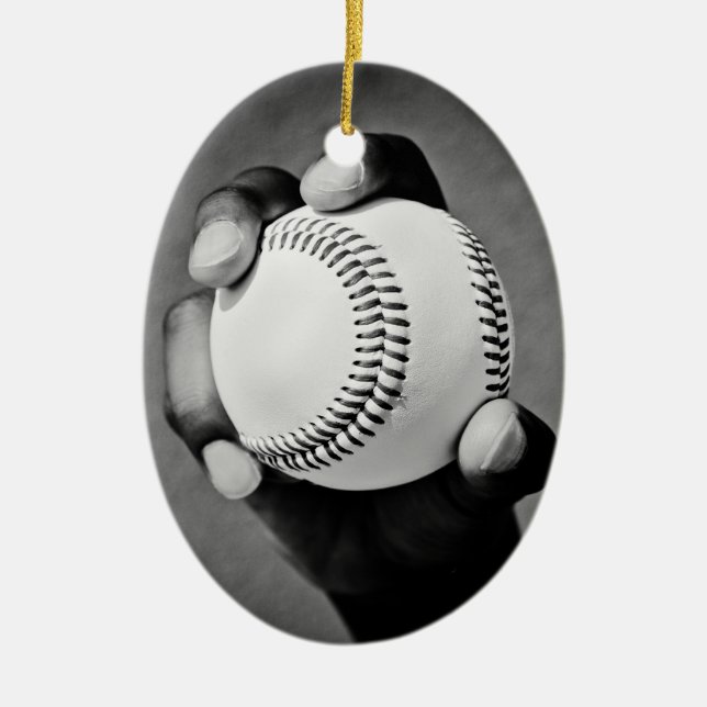 baseball in hand ceramic ornament (Front)