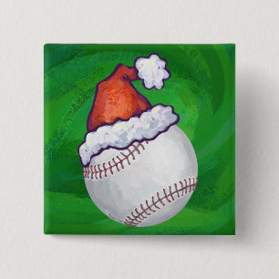 Baseball in Santa Hat on Green Button