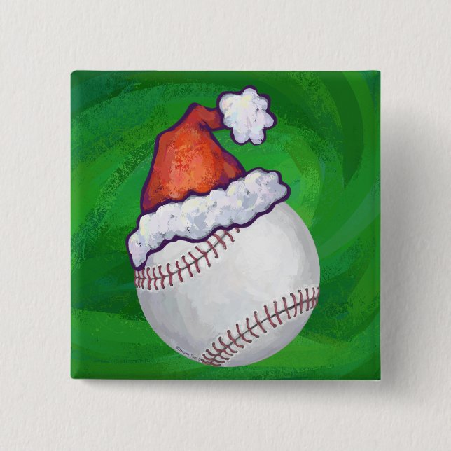 Baseball in Santa Hat on Green Button (Front)