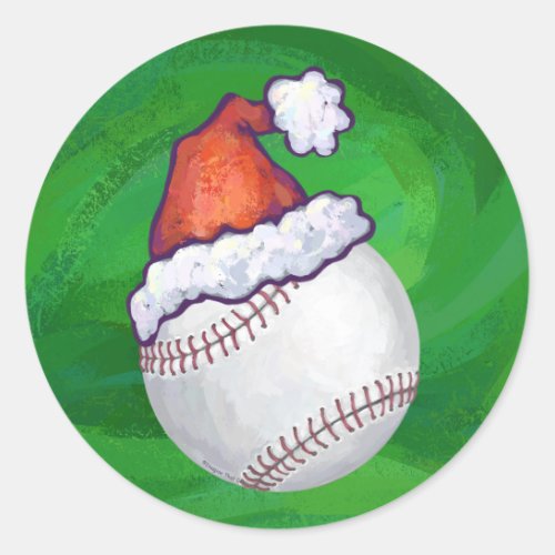Baseball in Santa Hat on Green Classic Round Sticker