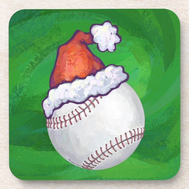 Baseball in Santa Hat on Green Coaster (Front)