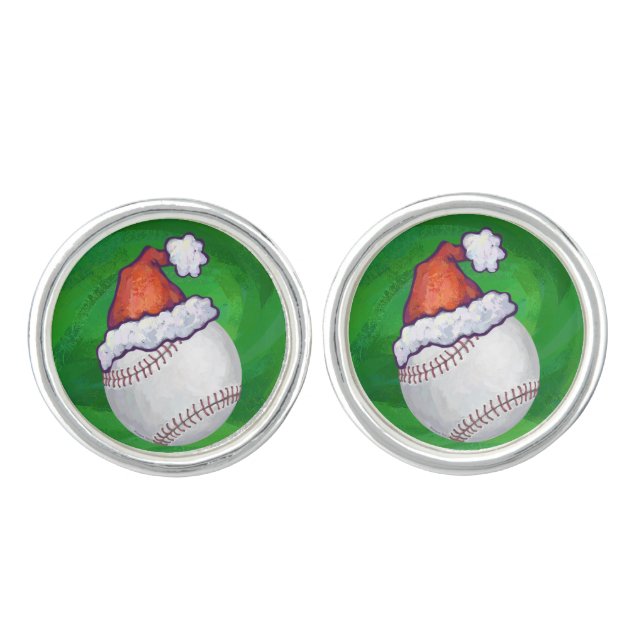 Baseball in Santa Hat on Green Cufflinks (Front)