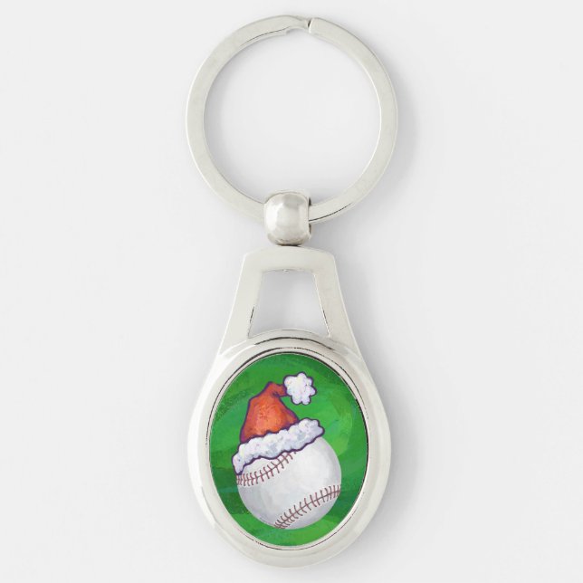 Baseball in Santa Hat on Green Keychain (Front)