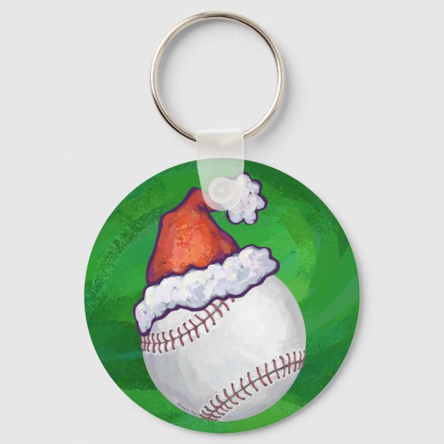 Baseball in Santa Hat on Green Keychain (Front)