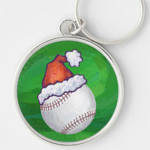 Baseball in Santa Hat on Green Keychain