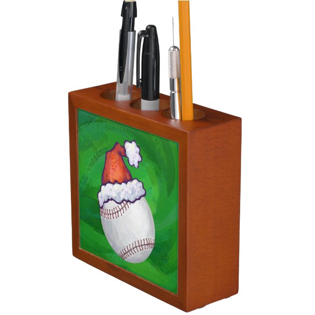 Baseball in Santa Hat on Green Pencil Holder (In Situ)