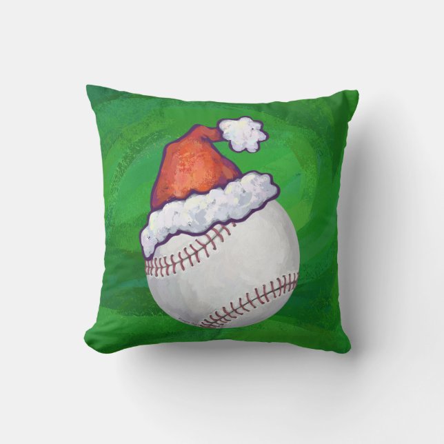 Baseball in Santa Hat on Green Throw Pillow (Front)