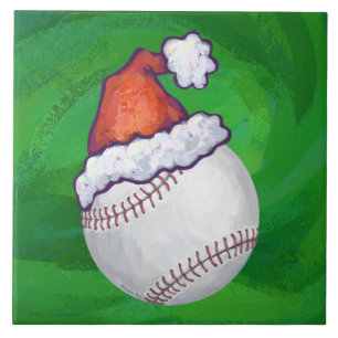 Baseball in Santa Hat on Green Tile