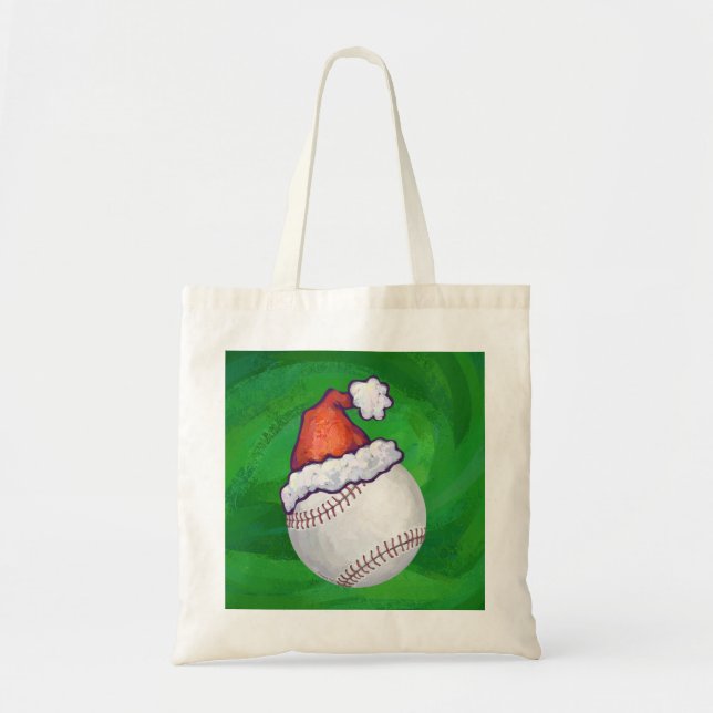 Baseball in Santa Hat on Green Tote Bag (Front)