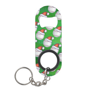 Baseball in Santa Hat Pattern on Green Keychain Bottle Opener