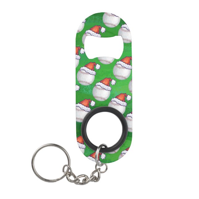 Baseball in Santa Hat Pattern on Green Keychain Bottle Opener (Front)