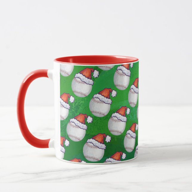 Baseball in Santa Hat Pattern on Green Mug (Left)