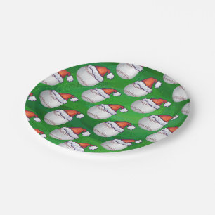 Baseball in Santa Hat Pattern on Green Paper Plates