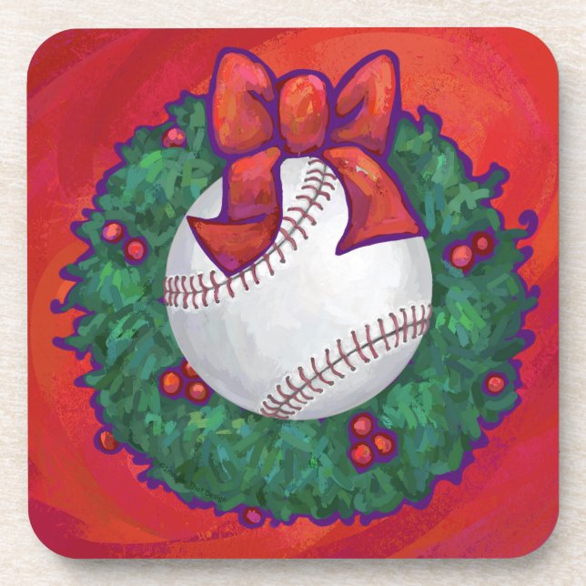 Baseball in Wreath on Red Beverage Coaster (Front)