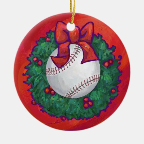Baseball in Wreath on Red Ceramic Ornament