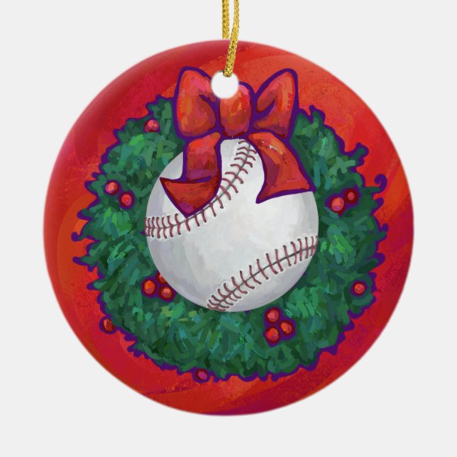 Baseball in Wreath on Red Ceramic Ornament (Front)
