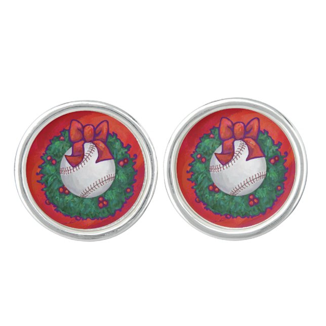 Baseball in Wreath on Red Cufflinks (Front)
