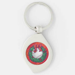 Baseball in Wreath on Red Keychain