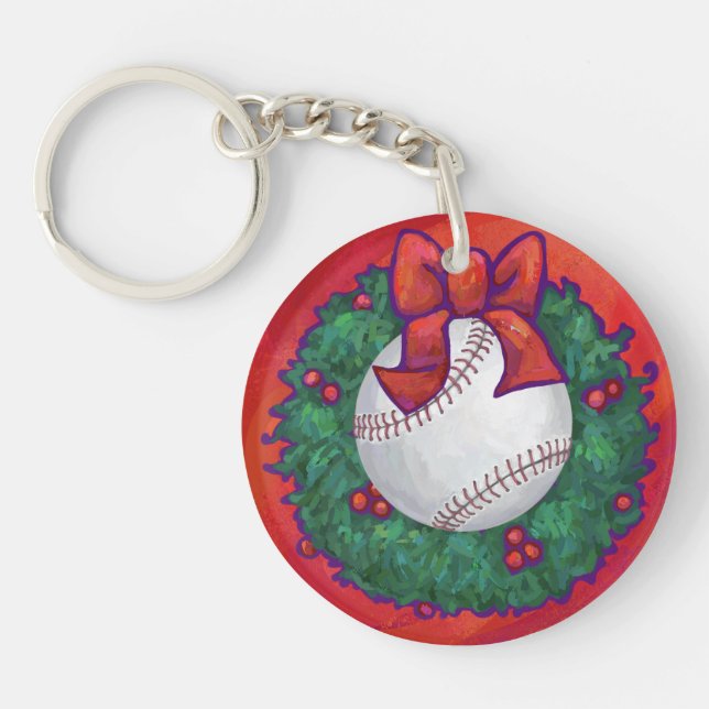Baseball in Wreath on Red Keychain (Front)