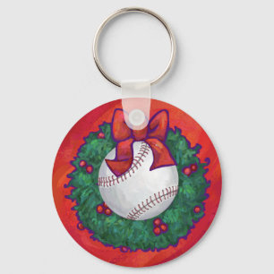 Baseball in Wreath on Red Keychain