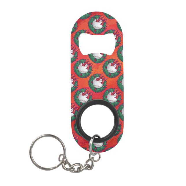 Baseball in Wreath on Red Keychain Bottle Opener (Front)