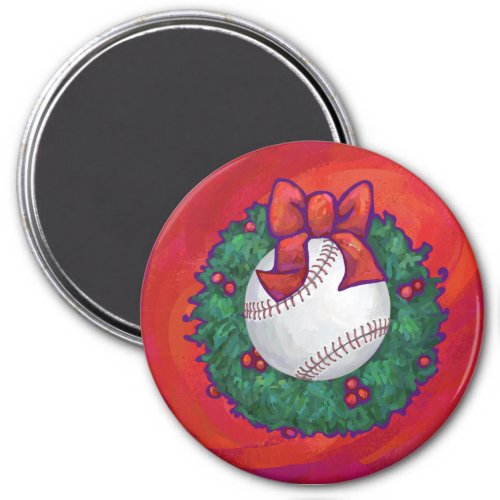 Baseball in Wreath on Red Magnet