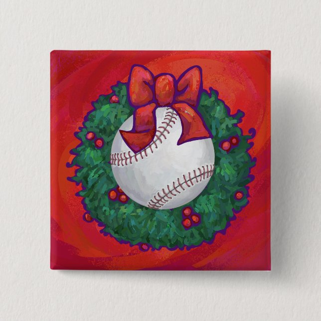 Baseball in Wreath on Red Pinback Button (Front)