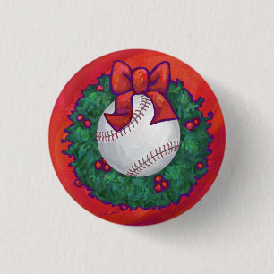 Baseball in Wreath on Red Pinback Button