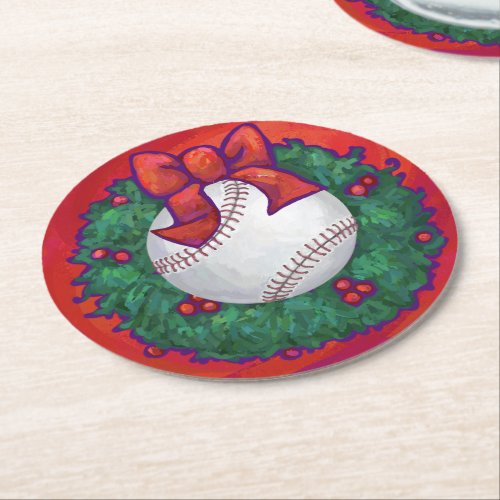 Baseball in Wreath on Red Round Paper Coaster
