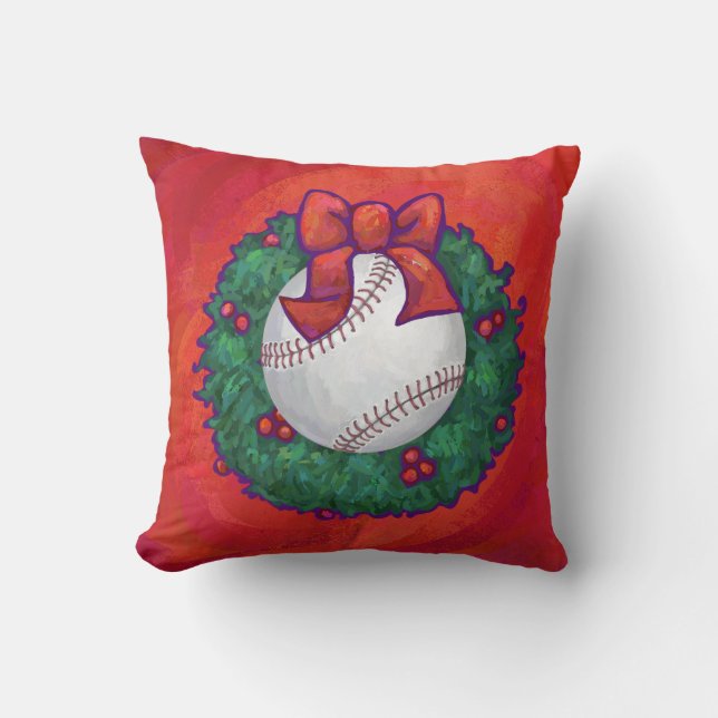Baseball in Wreath on Red Throw Pillow (Front)