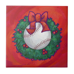 Baseball in Wreath on Red Tile