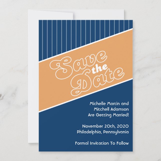 Baseball Inspired Save The Date (Orange/Navy Blue) Invitation (Front)