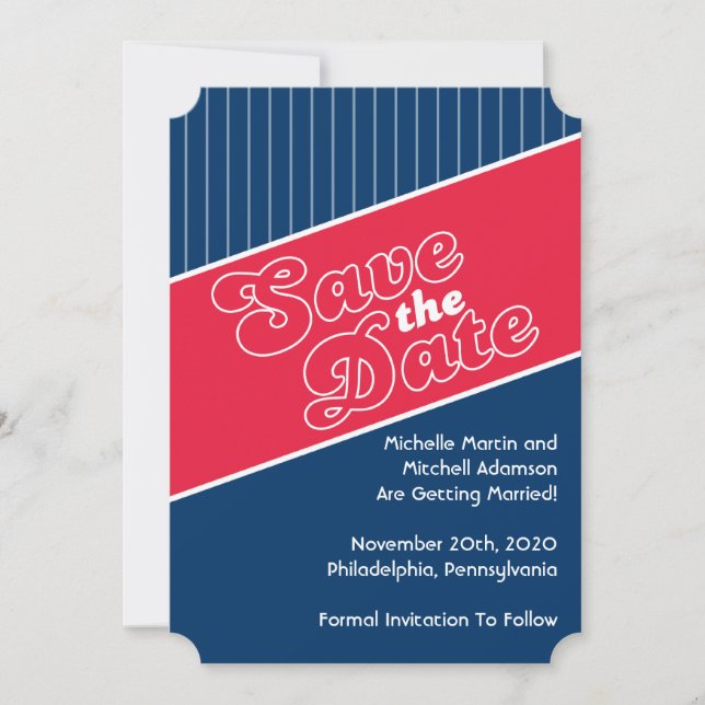 Baseball Inspired Save The Date (Red / Navy Blue) Invitation (Front)