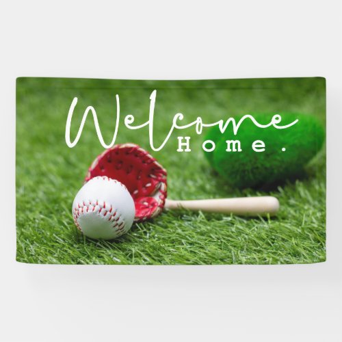 Baseball is on green grass welcome home  banner
